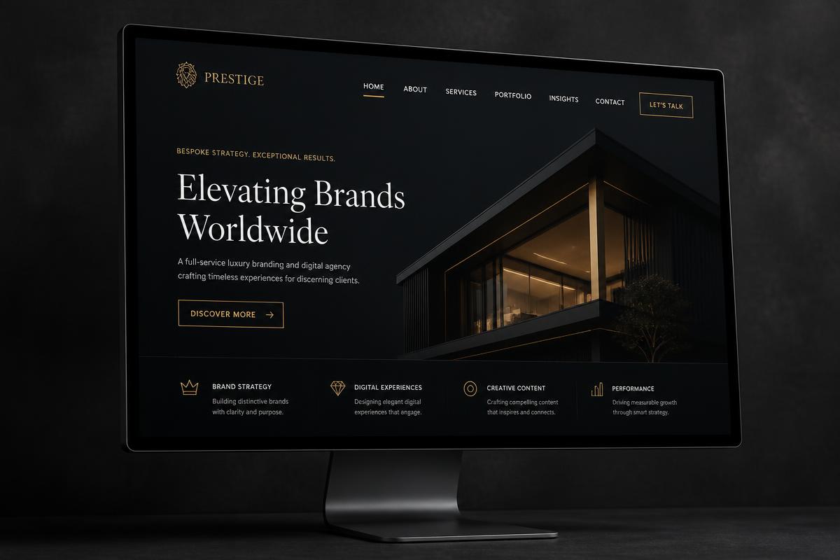 Premium dark website design shown on a desktop monitor